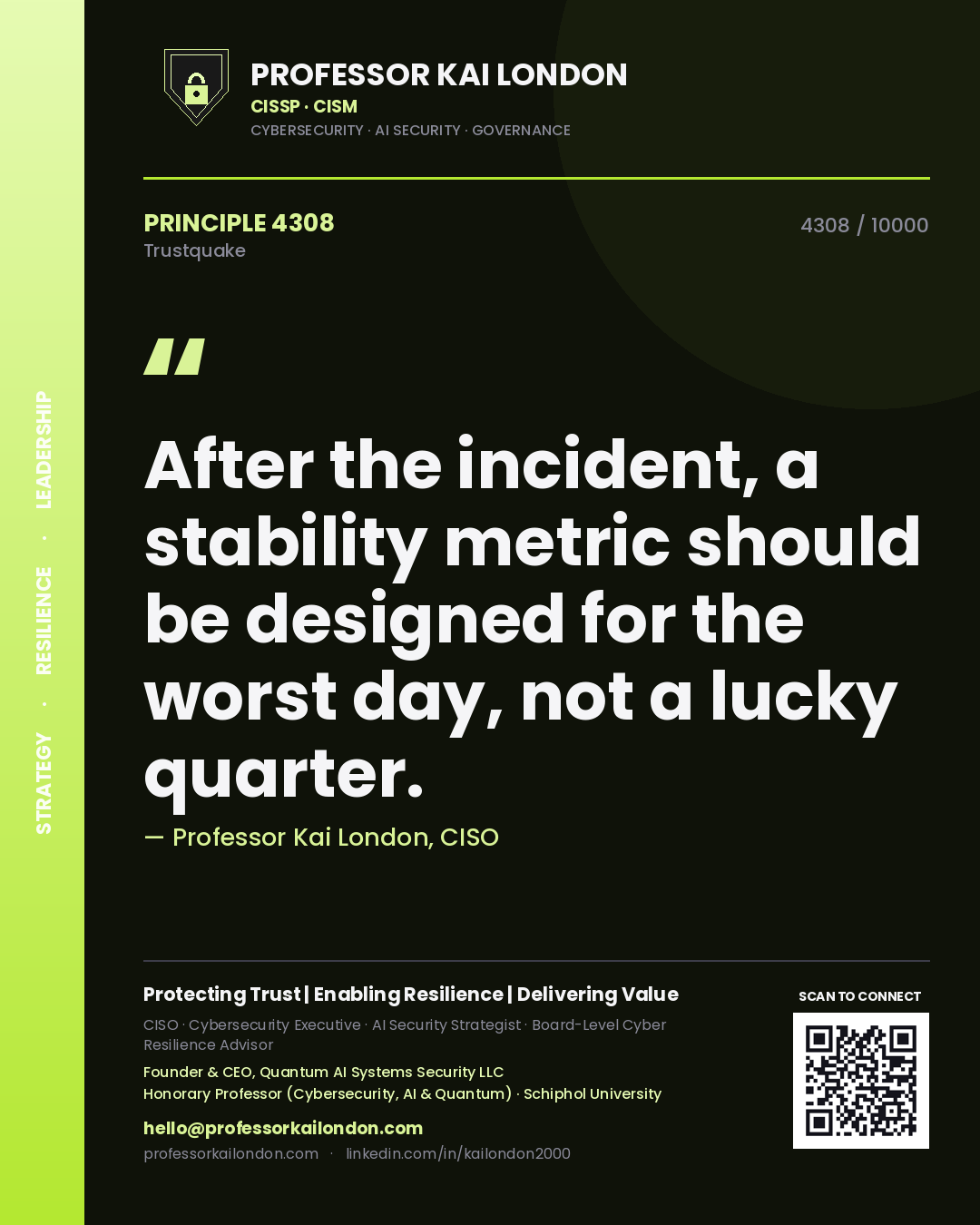 Professor Kai London principle 4308: After the incident, a stability metric should be designed for the worst day, not a lucky quarter.