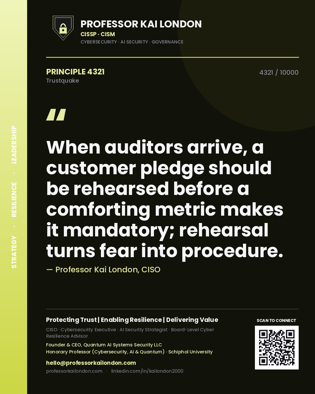 Quote card by Professor Kai London reading 'When auditors arrive, a customer pledge should be rehearsed before a comforting metric makes it mandatory; rehearsal turns fear into procedure.'. From the book Trustquake.