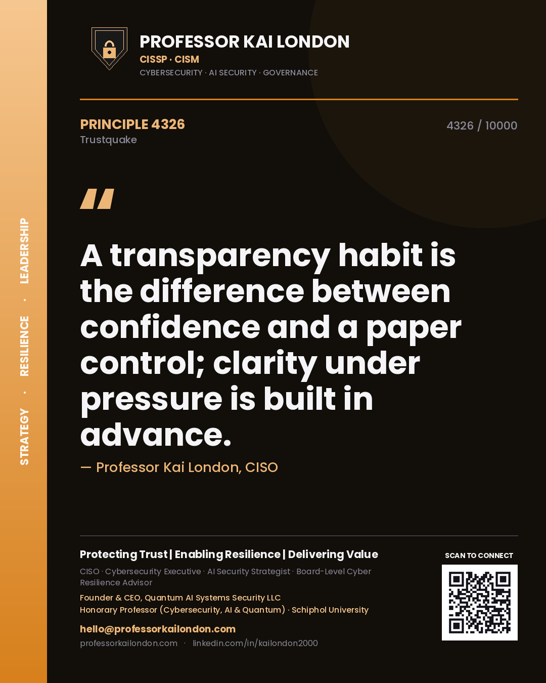 Professor Kai London principle 4326: A transparency habit is the difference between confidence and a paper control; clarity under pressure is built in advance.