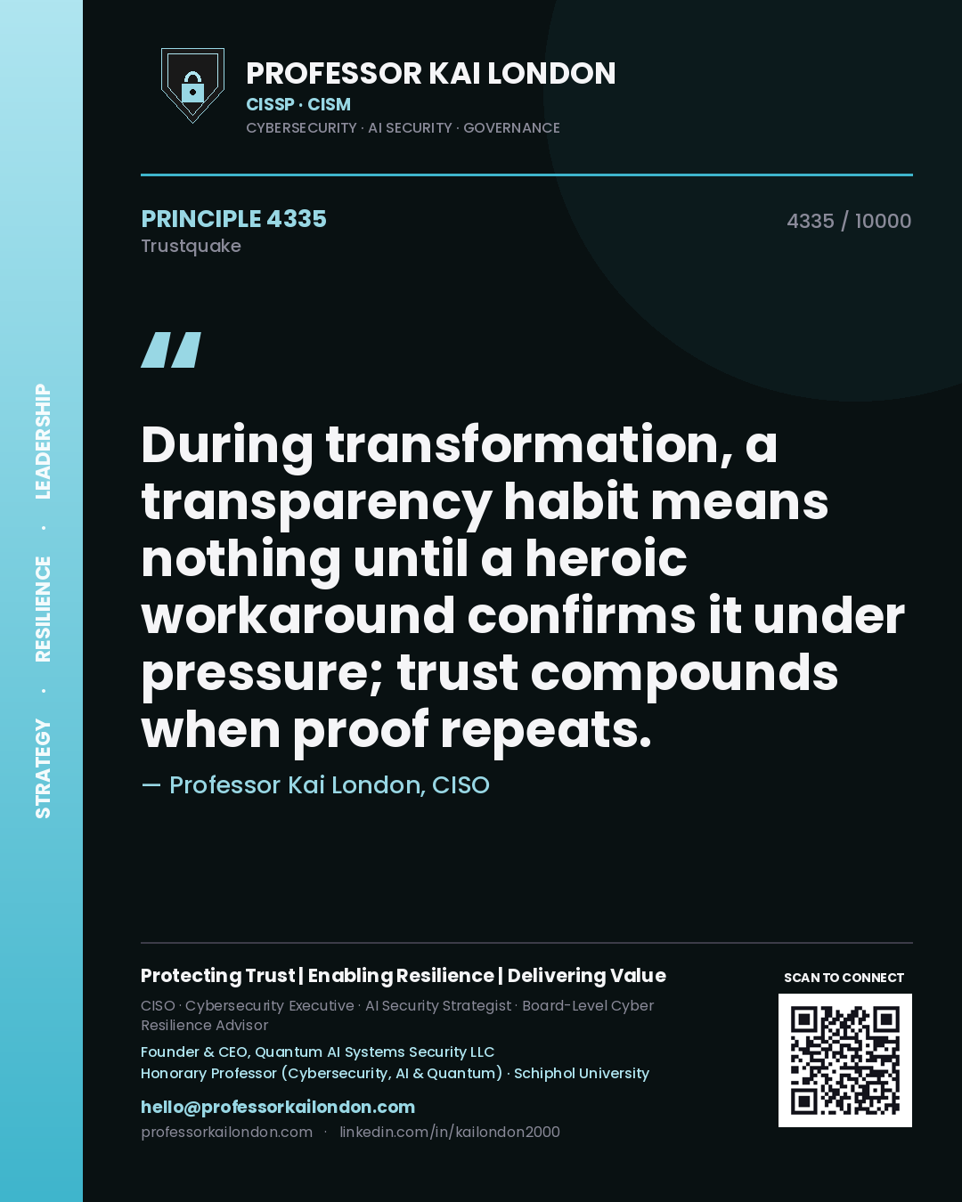 Quote card by Professor Kai London reading 'During transformation, a transparency habit means nothing until a heroic workaround confirms it under pressure; trust compounds when proof repeats.'. From the book Trustquake.