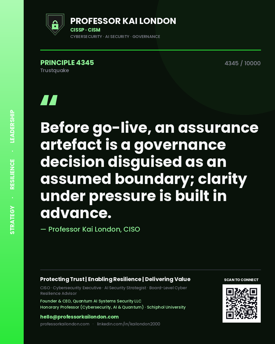 Professor Kai London principle 4345: Before go-live, an assurance artefact is a governance decision disguised as an assumed boundary; clarity under pressure is built in advance.