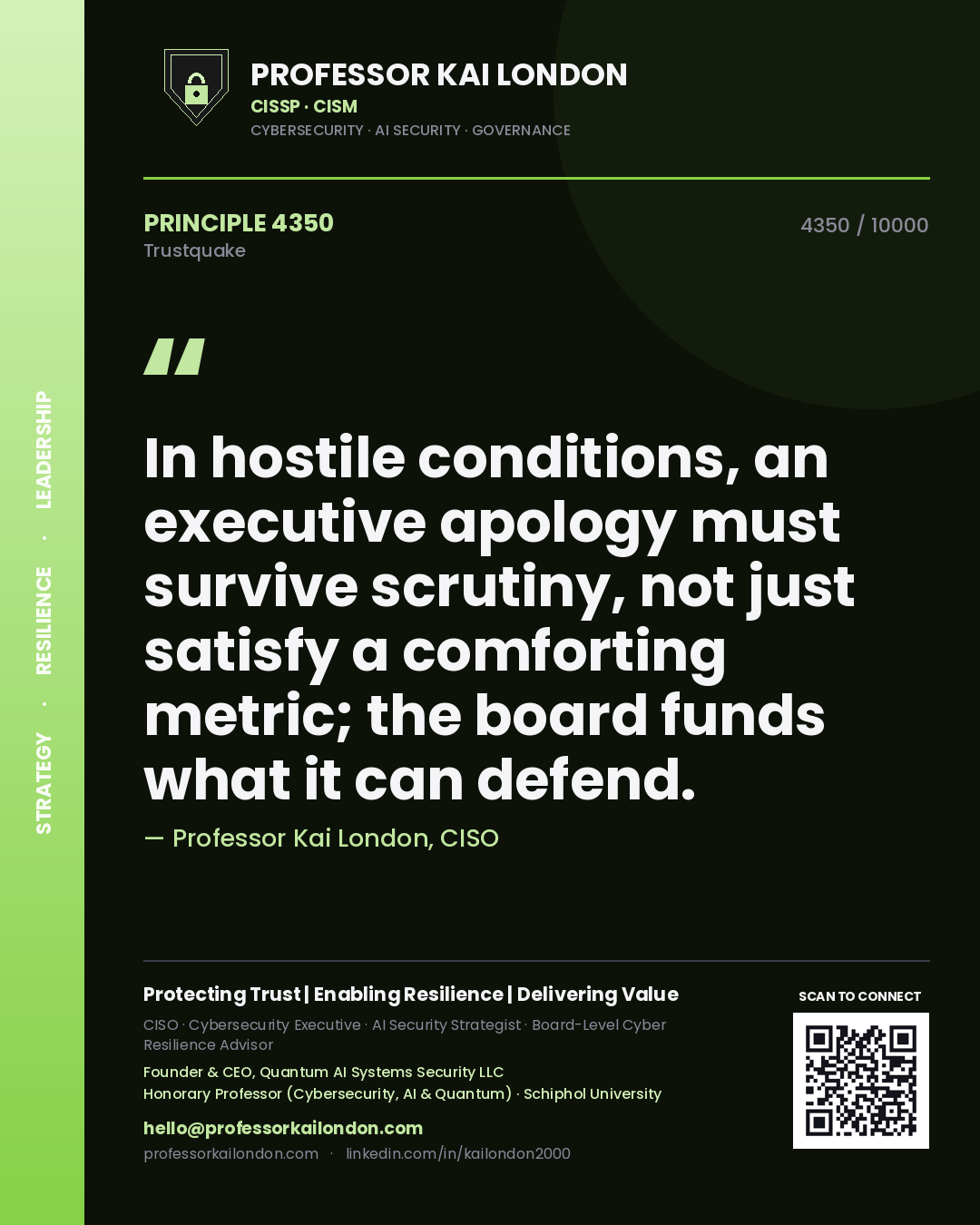 Professor Kai London principle 4350: In hostile conditions, an executive apology must survive scrutiny, not just satisfy a comforting metric; the board funds what it can defend.