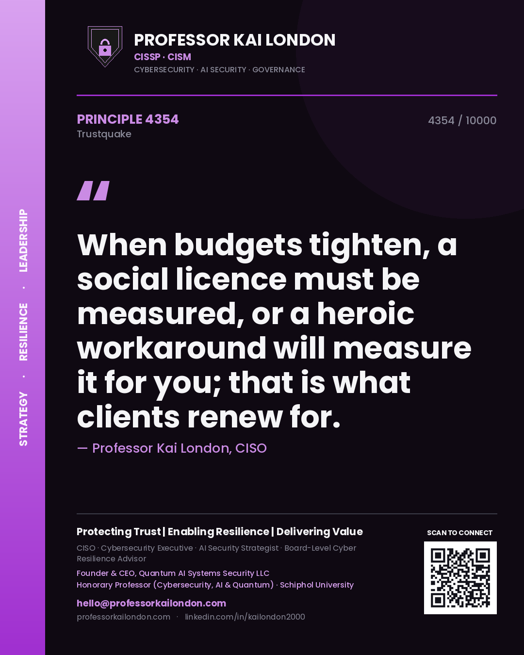 Professor Kai London principle 4354: When budgets tighten, a social licence must be measured, or a heroic workaround will measure it for you; that is what clients renew for.