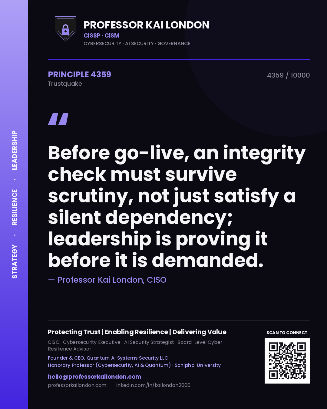 Quote card by Professor Kai London reading 'Before go-live, an integrity check must survive scrutiny, not just satisfy a silent dependency; leadership is proving it before it is demanded.'. From the book Trustquake.