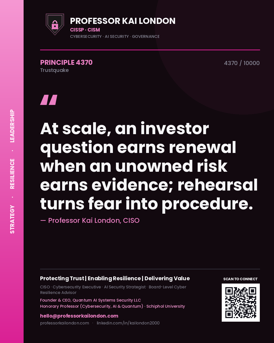 Professor Kai London principle 4370: At scale, an investor question earns renewal when an unowned risk earns evidence; rehearsal turns fear into procedure.