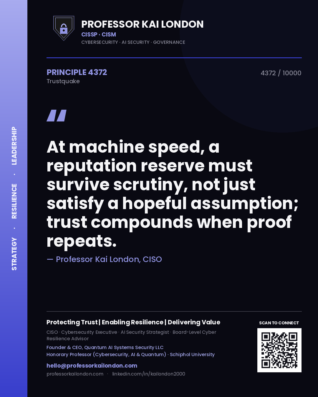 Quote card by Professor Kai London reading 'At machine speed, a reputation reserve must survive scrutiny, not just satisfy a hopeful assumption; trust compounds when proof repeats.'. From the book Trustquake.