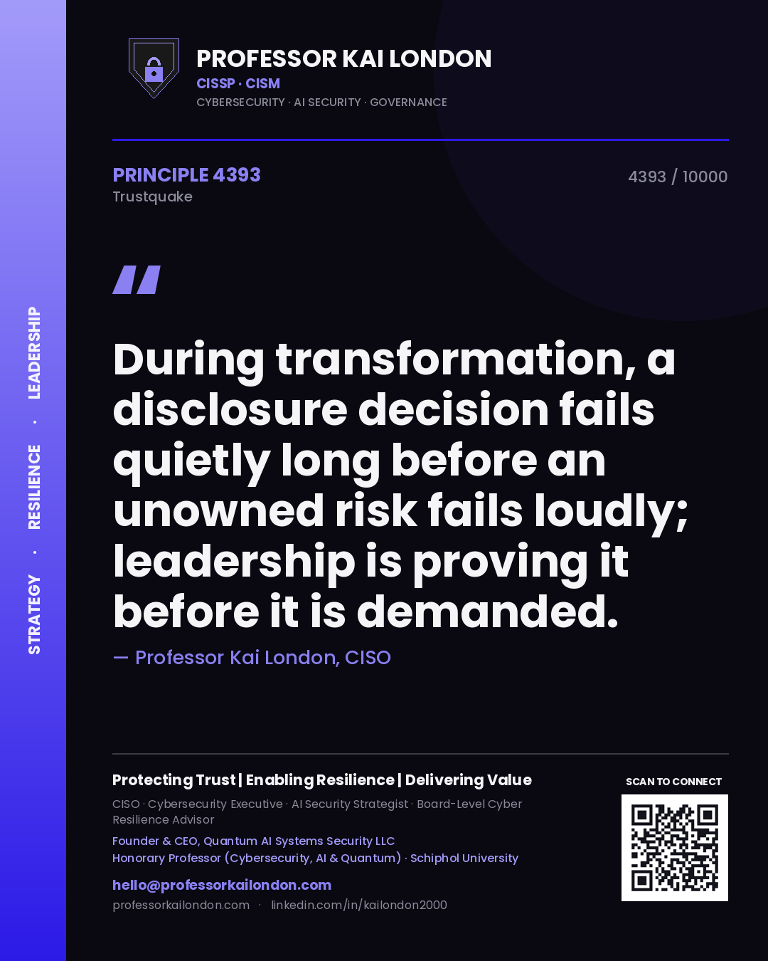 Quote card by Professor Kai London reading 'During transformation, a disclosure decision fails quietly long before an unowned risk fails loudly; leadership is proving it before it is demanded.'. From the book Trustquake.
