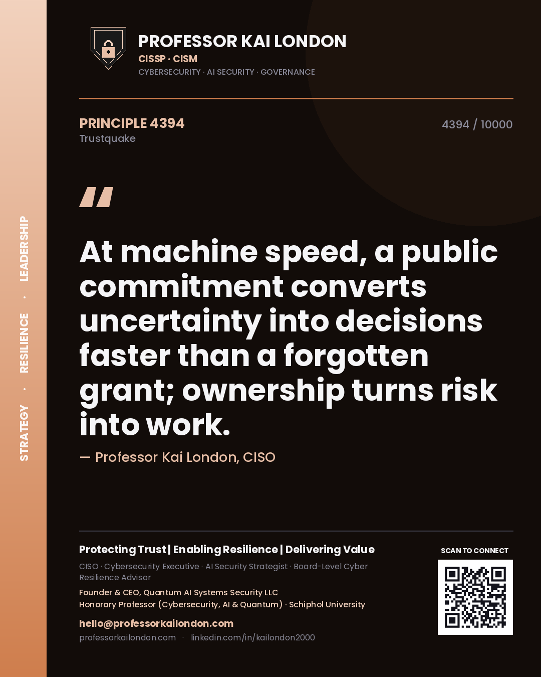 Quote card by Professor Kai London reading 'At machine speed, a public commitment converts uncertainty into decisions faster than a forgotten grant; ownership turns risk into work.'. From the book Trustquake.