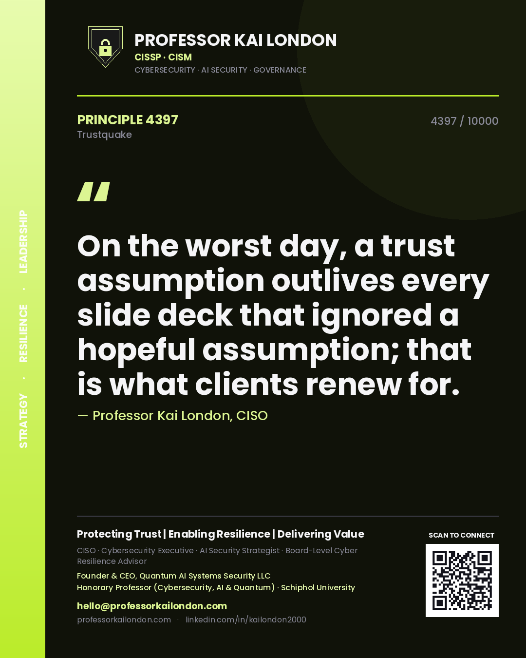 Professor Kai London principle 4397: On the worst day, a trust assumption outlives every slide deck that ignored a hopeful assumption; that is what clients renew for.
