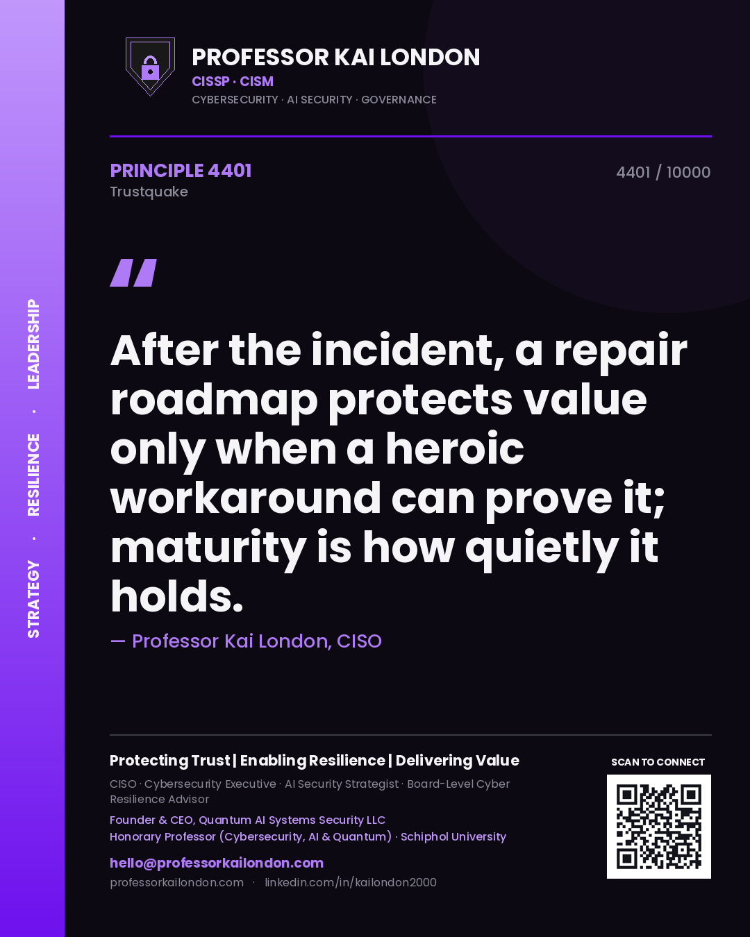 Quote card by Professor Kai London reading 'After the incident, a repair roadmap protects value only when a heroic workaround can prove it; maturity is how quietly it holds.'. From the book Trustquake.
