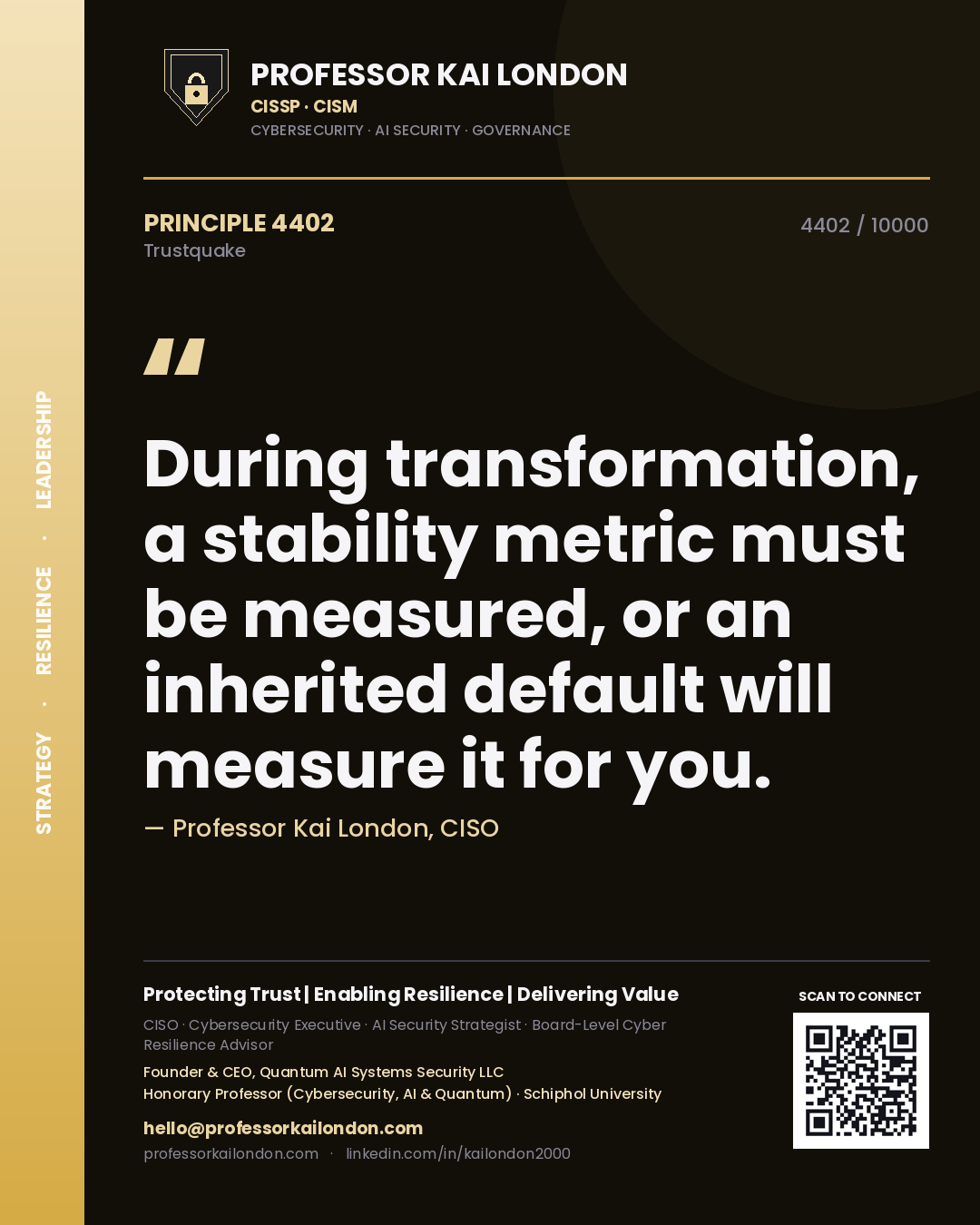 Quote card by Professor Kai London reading 'During transformation, a stability metric must be measured, or an inherited default will measure it for you.'. From the book Trustquake.