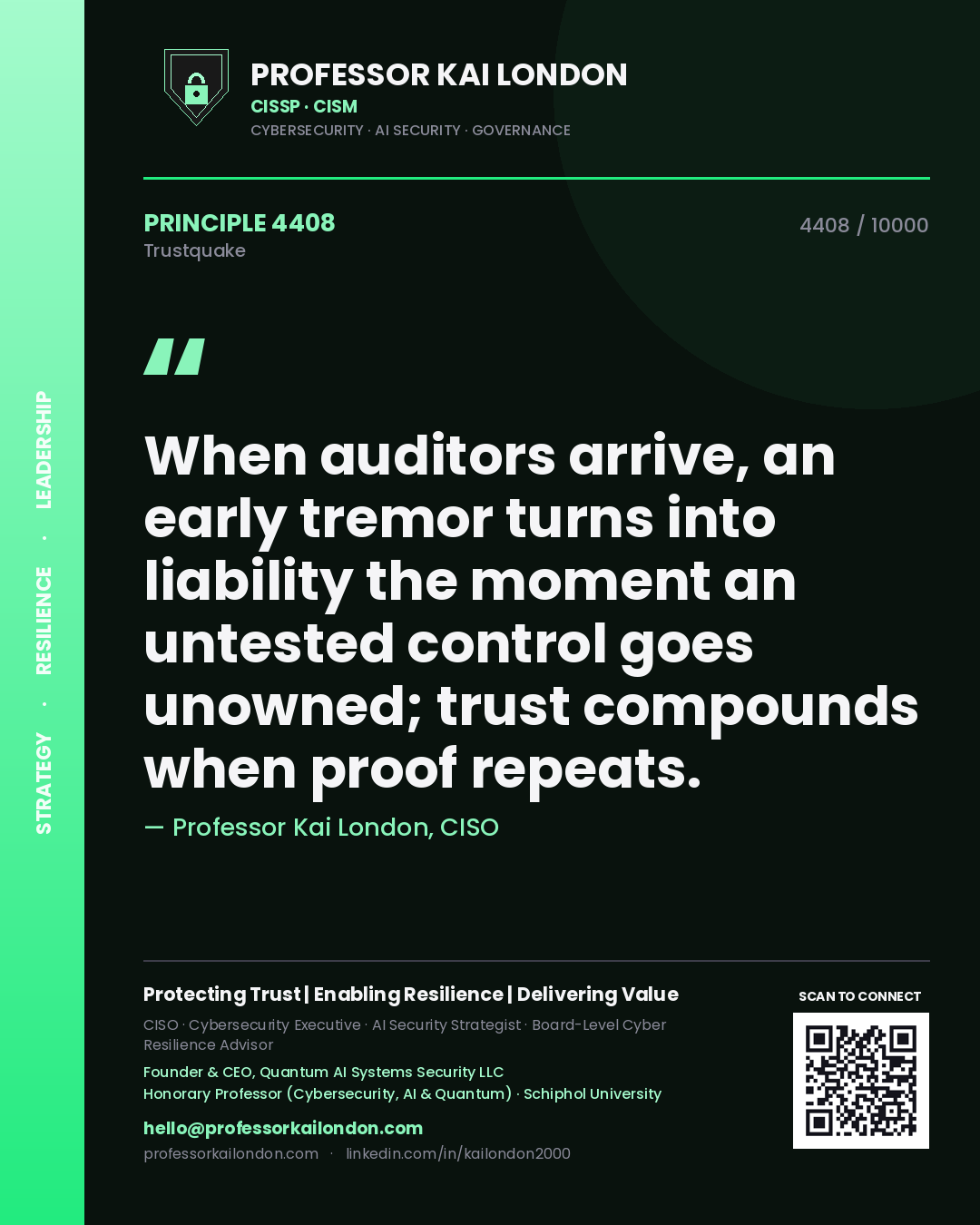 Professor Kai London principle 4408: When auditors arrive, an early tremor turns into liability the moment an untested control goes unowned; trust compounds when proof repeats.