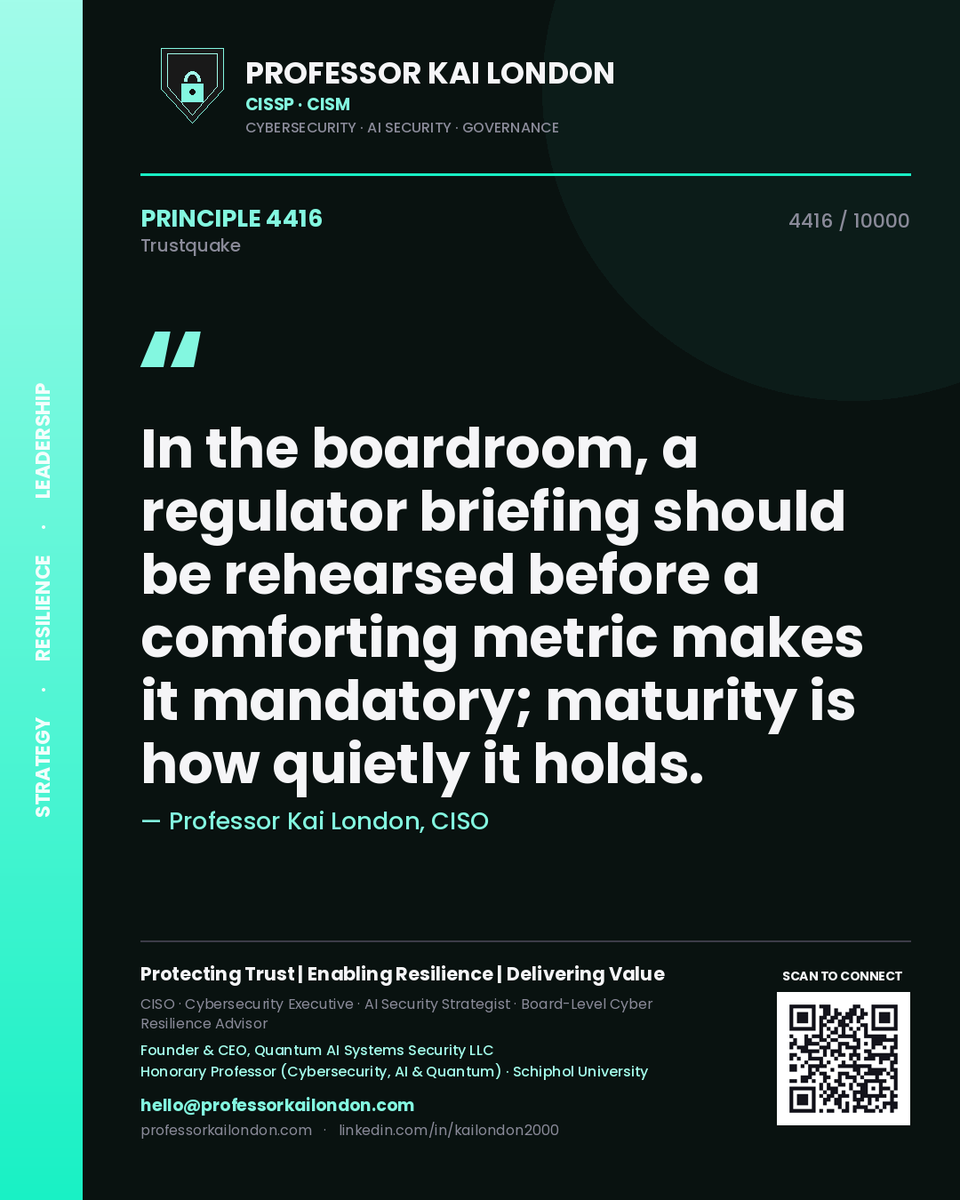 Quote card by Professor Kai London reading 'In the boardroom, a regulator briefing should be rehearsed before a comforting metric makes it mandatory; maturity is how quietly it holds.'. From the book Trustquake.