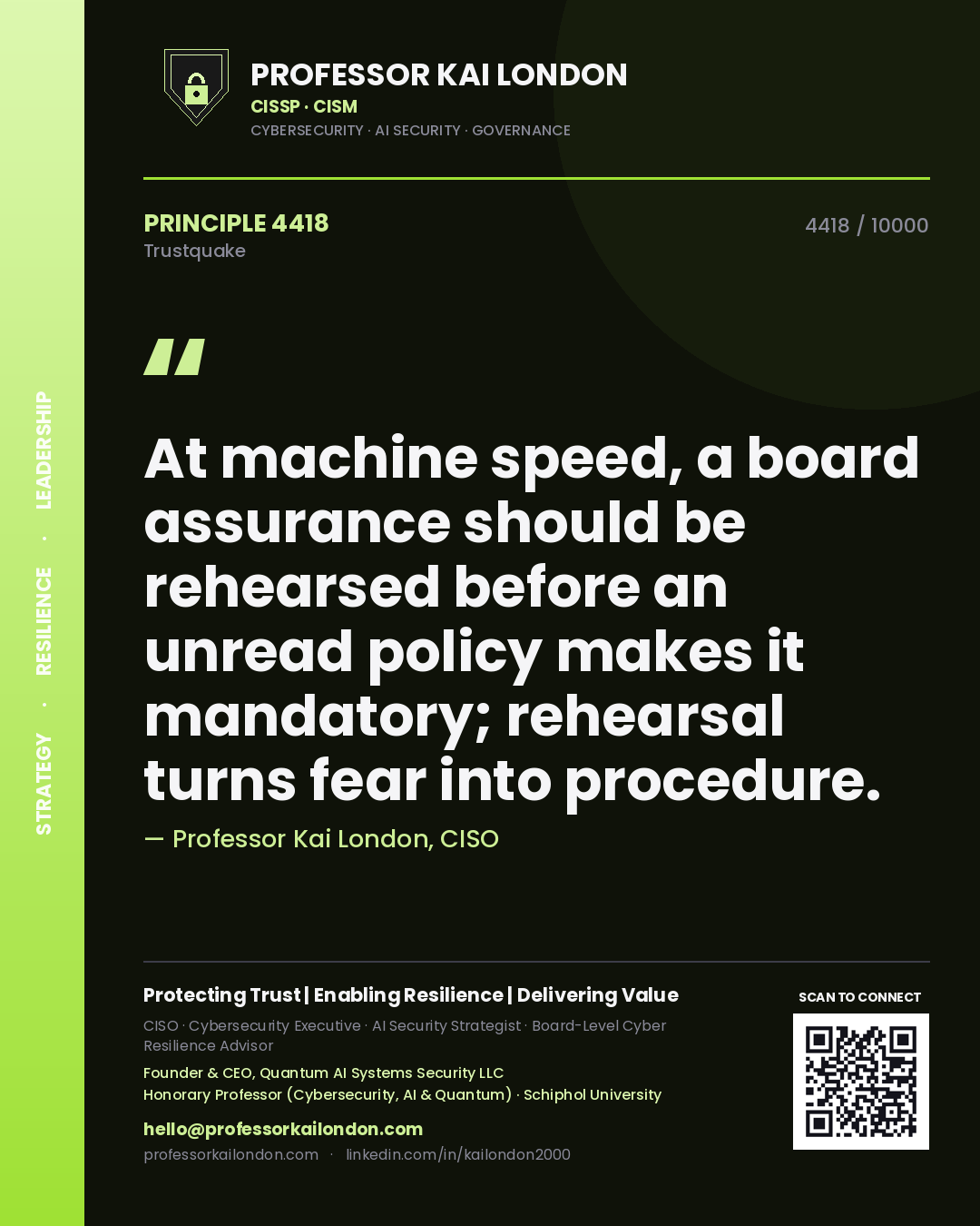 Professor Kai London principle 4418: At machine speed, a board assurance should be rehearsed before an unread policy makes it mandatory; rehearsal turns fear into procedure.
