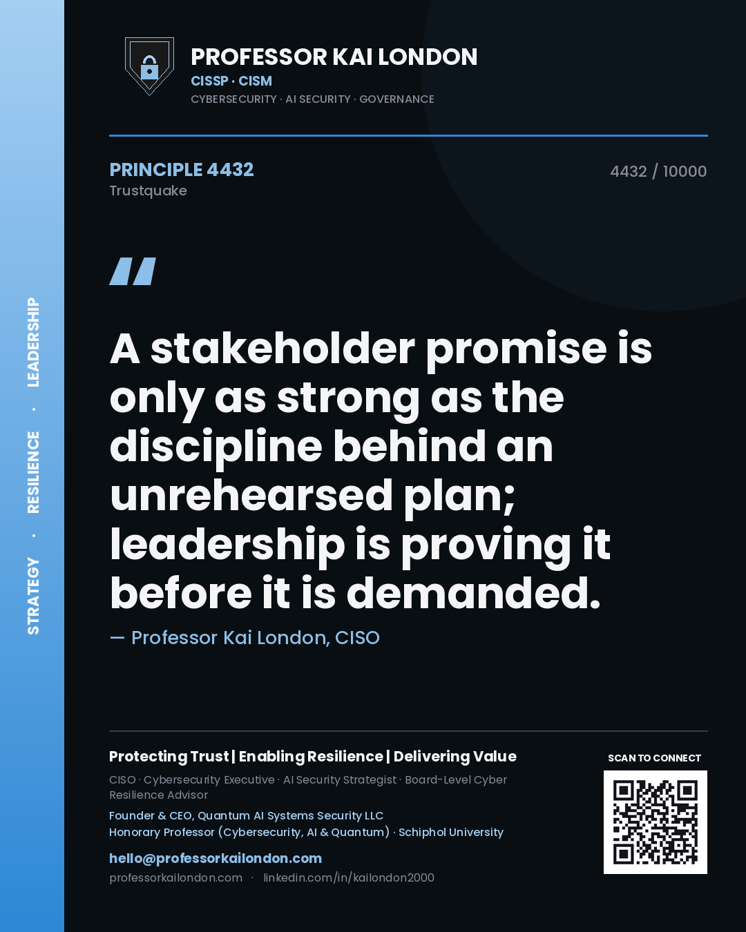 Quote card by Professor Kai London reading 'A stakeholder promise is only as strong as the discipline behind an unrehearsed plan; leadership is proving it before it is demanded.'. From the book Trustquake.