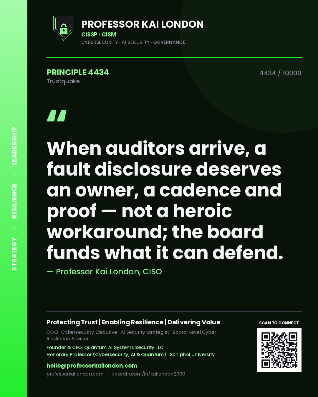 Quote card by Professor Kai London reading 'When auditors arrive, a fault disclosure deserves an owner, a cadence and proof — not a heroic workaround; the board funds what it can defend.'. From the book Trustquake.