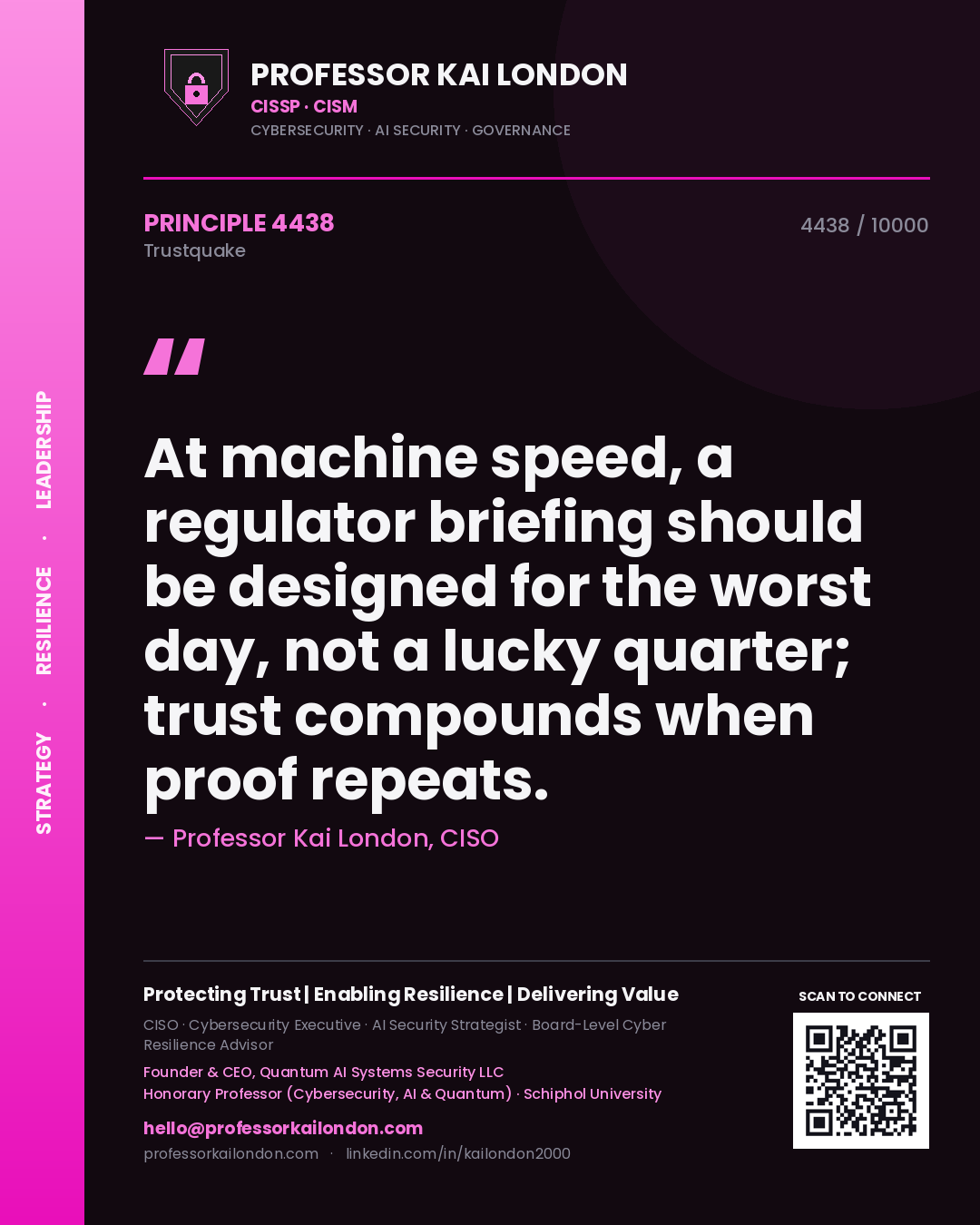 Quote card by Professor Kai London reading 'At machine speed, a regulator briefing should be designed for the worst day, not a lucky quarter; trust compounds when proof repeats.'. From the book Trustquake.