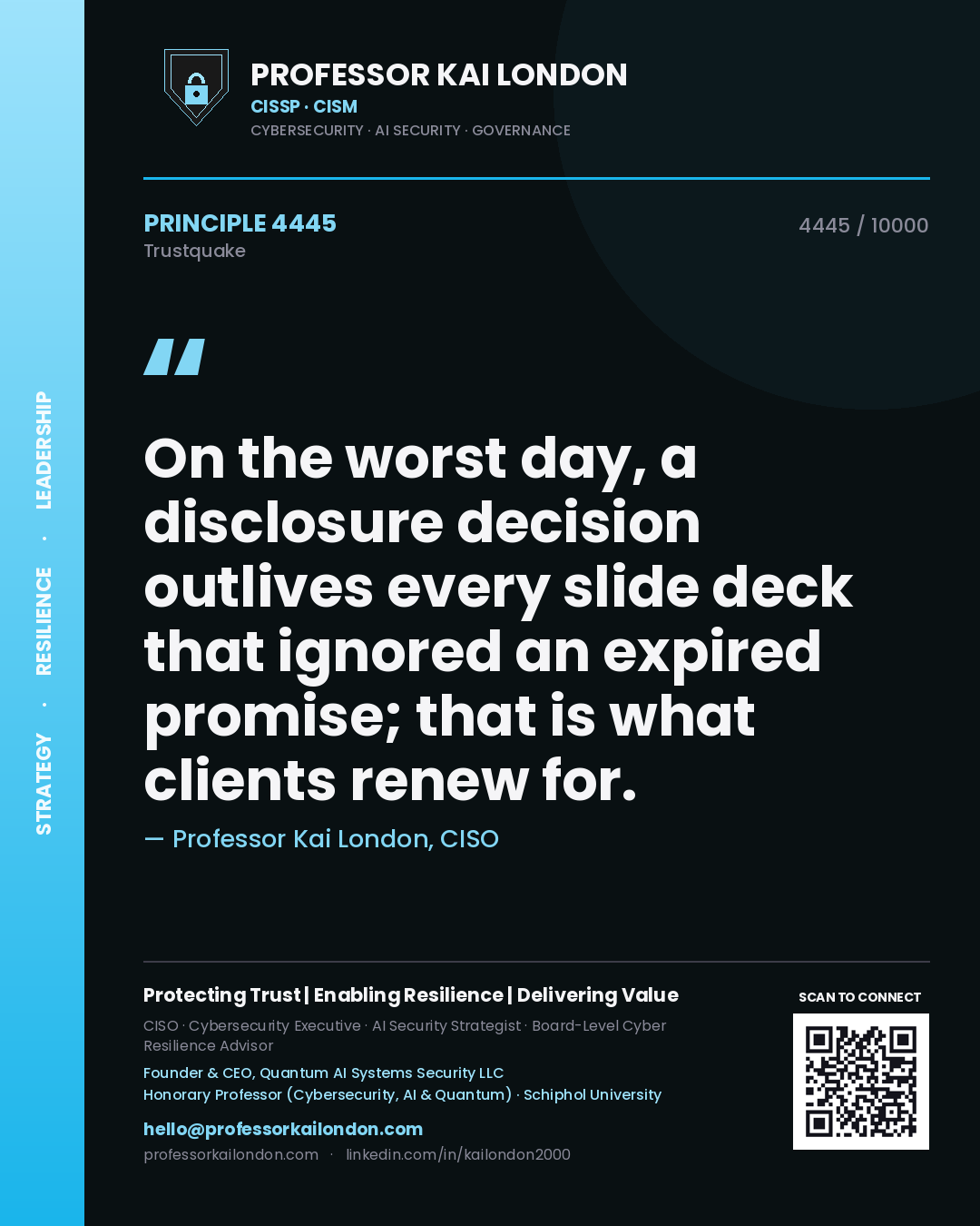 Professor Kai London principle 4445: On the worst day, a disclosure decision outlives every slide deck that ignored an expired promise; that is what clients renew for.