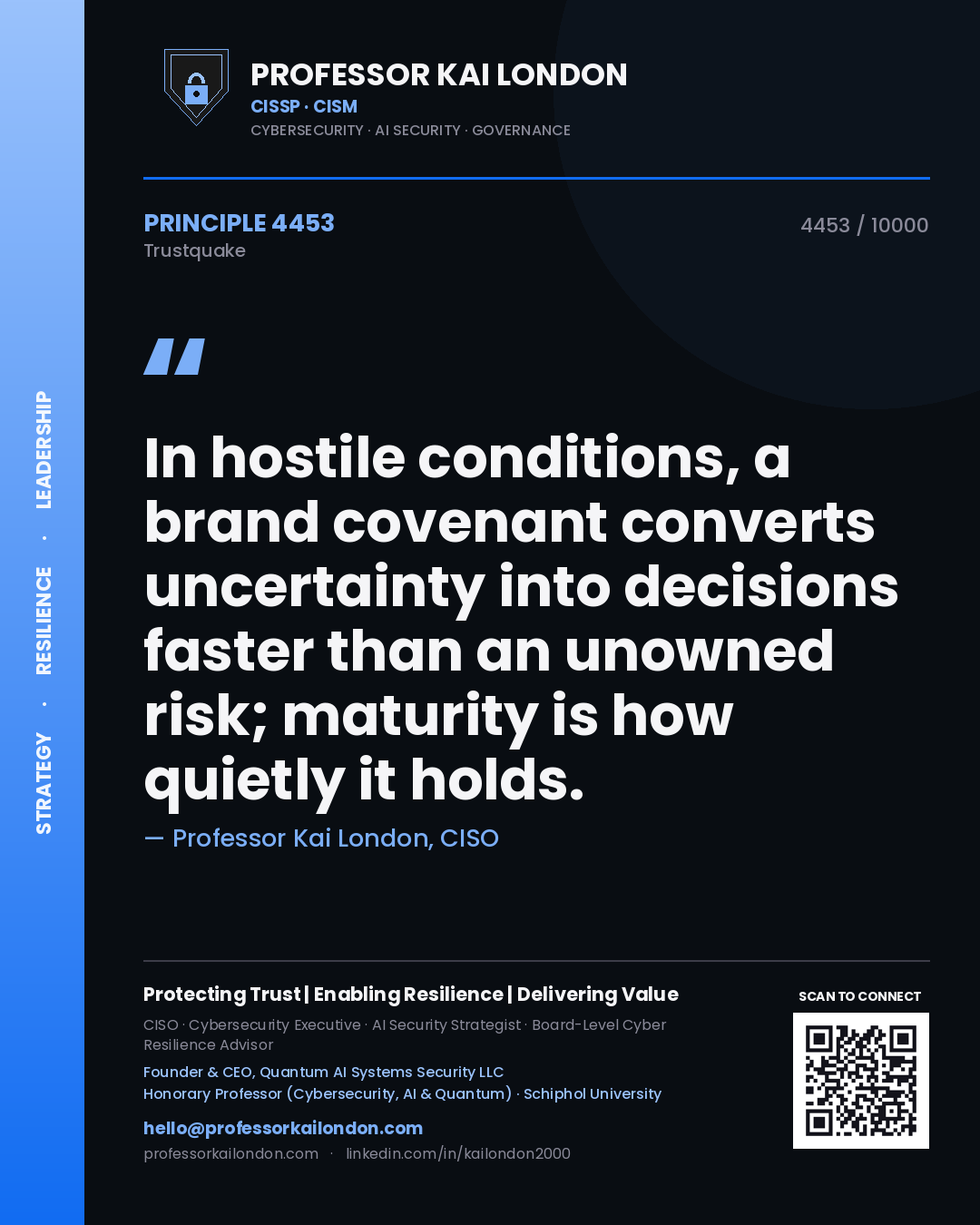 Quote card by Professor Kai London reading 'In hostile conditions, a brand covenant converts uncertainty into decisions faster than an unowned risk; maturity is how quietly it holds.'. From the book Trustquake.