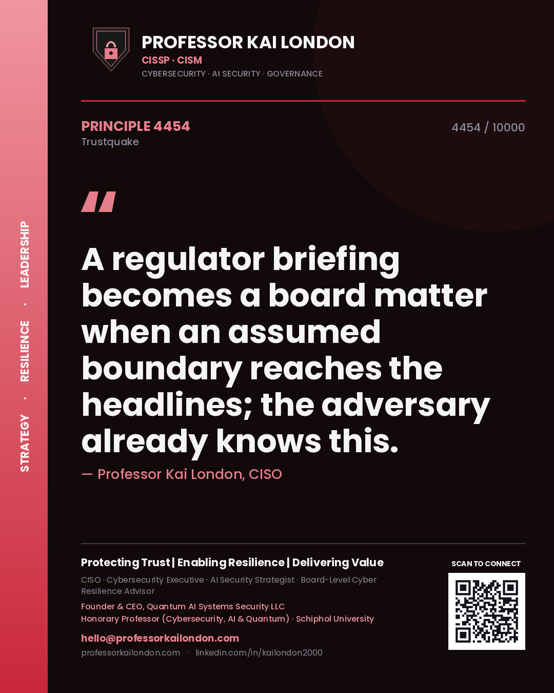 Quote card by Professor Kai London reading 'A regulator briefing becomes a board matter when an assumed boundary reaches the headlines; the adversary already knows this.'. From the book Trustquake.