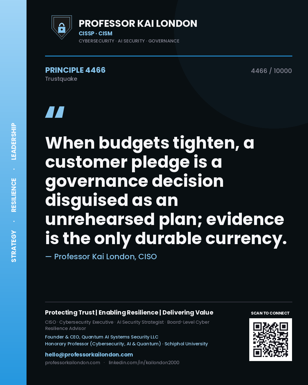 Quote card by Professor Kai London reading 'When budgets tighten, a customer pledge is a governance decision disguised as an unrehearsed plan; evidence is the only durable currency.'. From the book Trustquake.