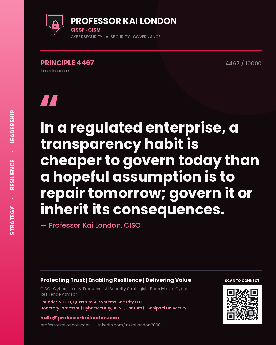 Quote card by Professor Kai London reading 'In a regulated enterprise, a transparency habit is cheaper to govern today than a hopeful assumption is to repair tomorrow; govern it or inherit its consequences.'. From the book Trustquake.