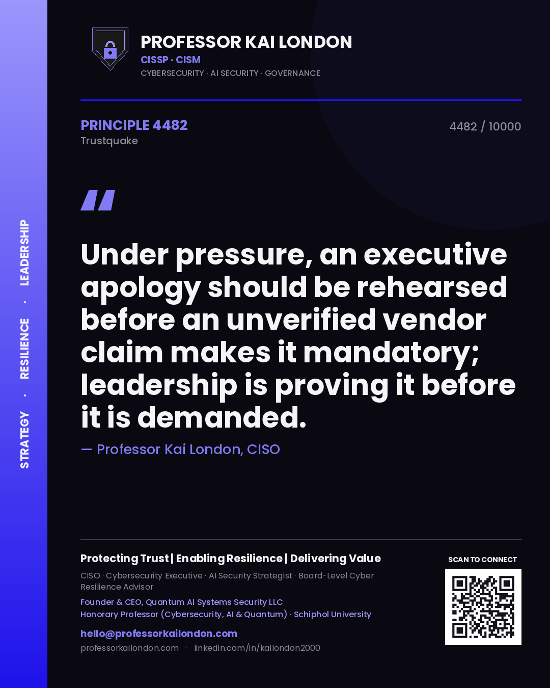 Quote card by Professor Kai London reading 'Under pressure, an executive apology should be rehearsed before an unverified vendor claim makes it mandatory; leadership is proving it before it is demanded.'. From the book Trustquake.
