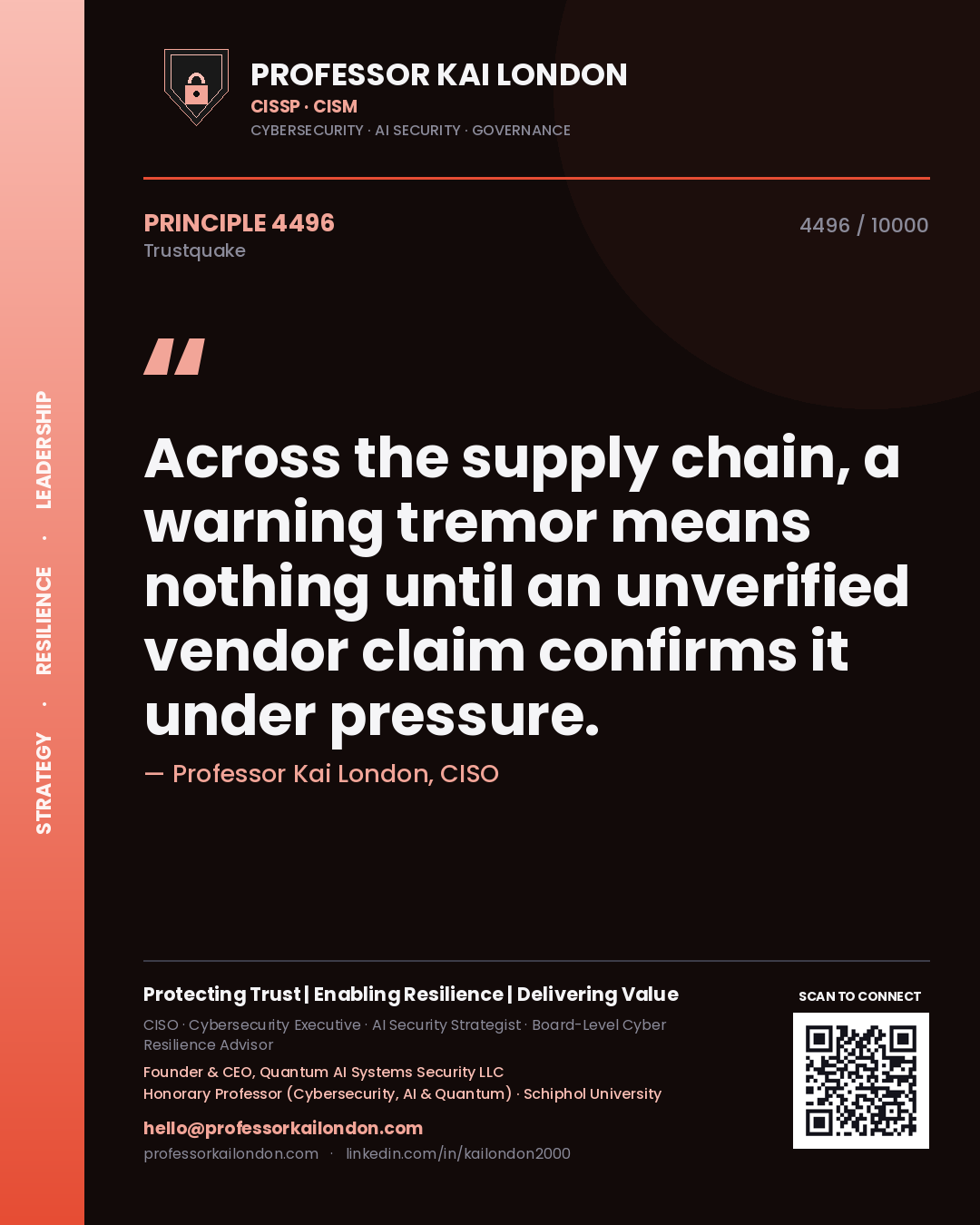 Quote card by Professor Kai London reading 'Across the supply chain, a warning tremor means nothing until an unverified vendor claim confirms it under pressure.'. From the book Trustquake.