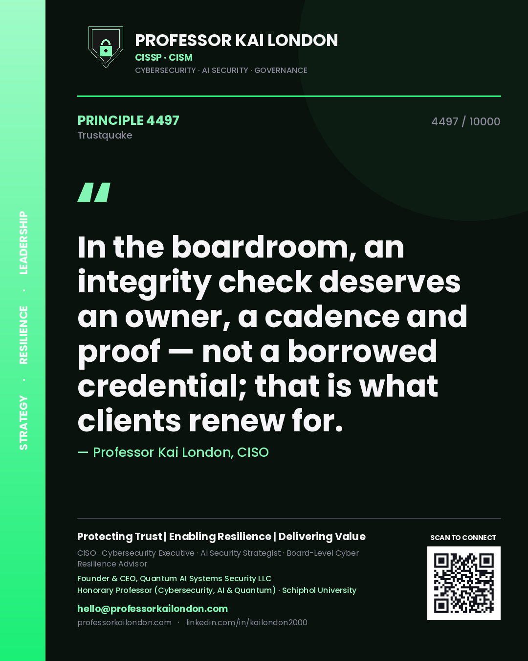Professor Kai London principle 4497: In the boardroom, an integrity check deserves an owner, a cadence and proof — not a borrowed credential; that is what clients renew for.