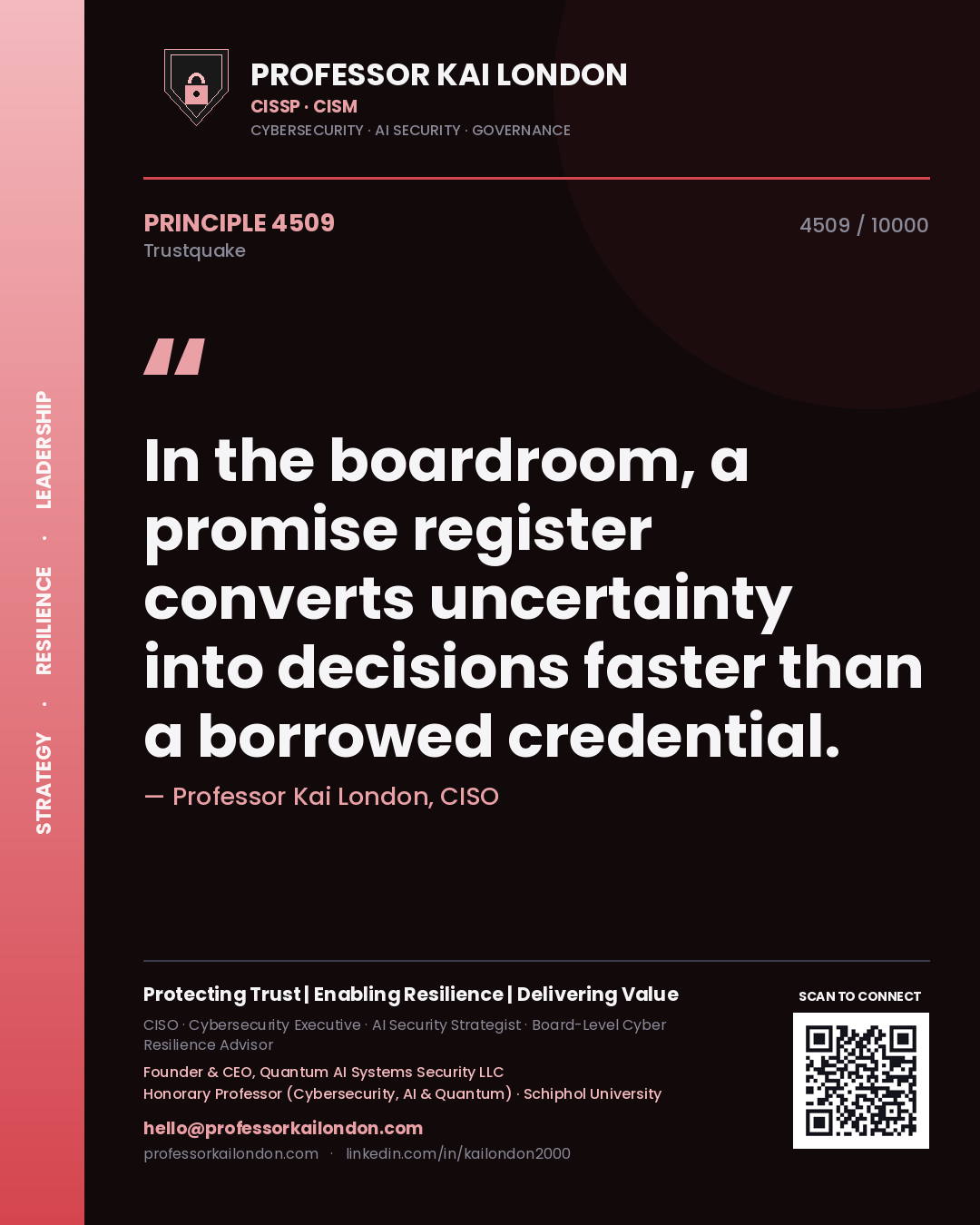 Quote card by Professor Kai London reading 'In the boardroom, a promise register converts uncertainty into decisions faster than a borrowed credential.'. From the book Trustquake.