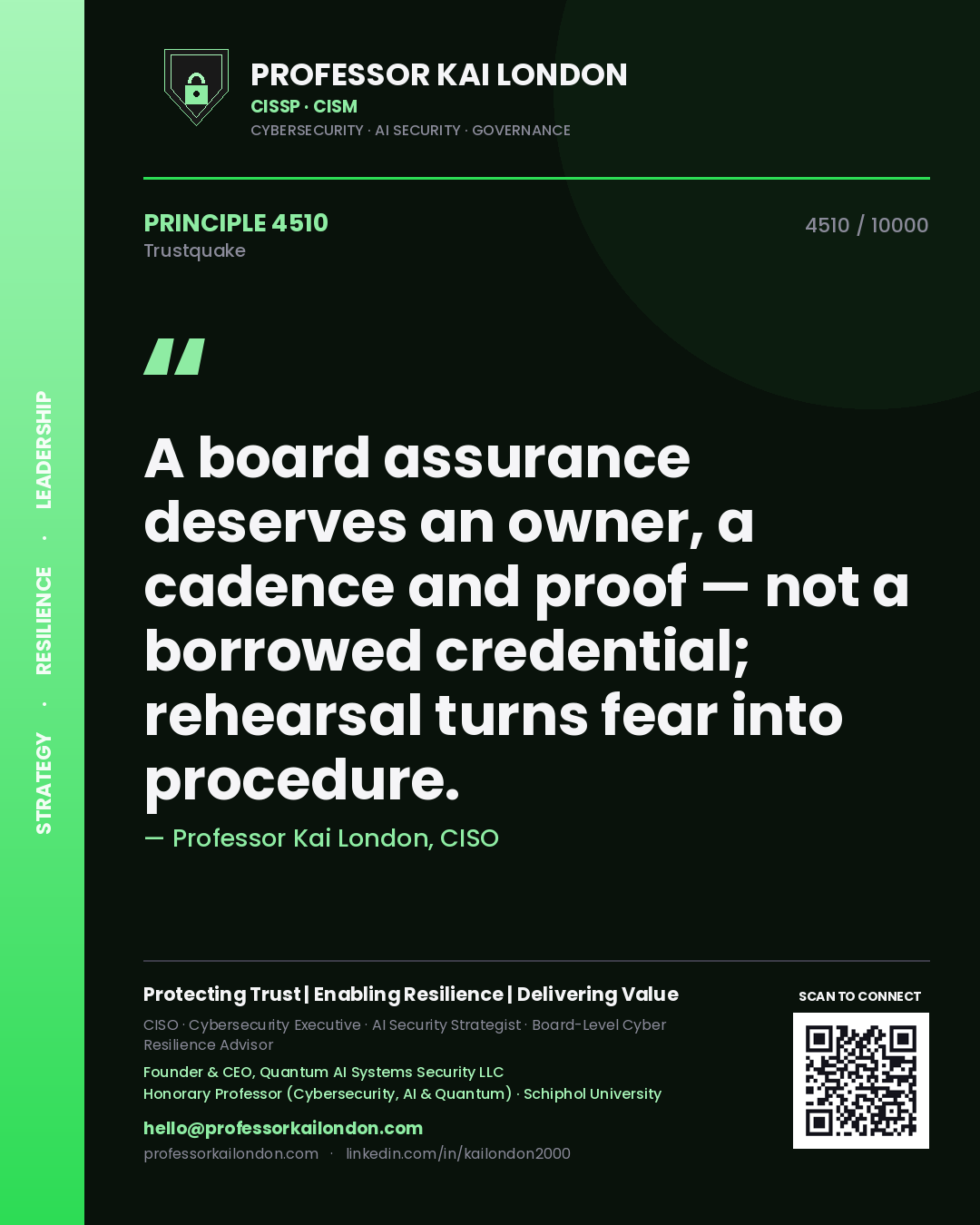 Quote card by Professor Kai London reading 'A board assurance deserves an owner, a cadence and proof — not a borrowed credential; rehearsal turns fear into procedure.'. From the book Trustquake.