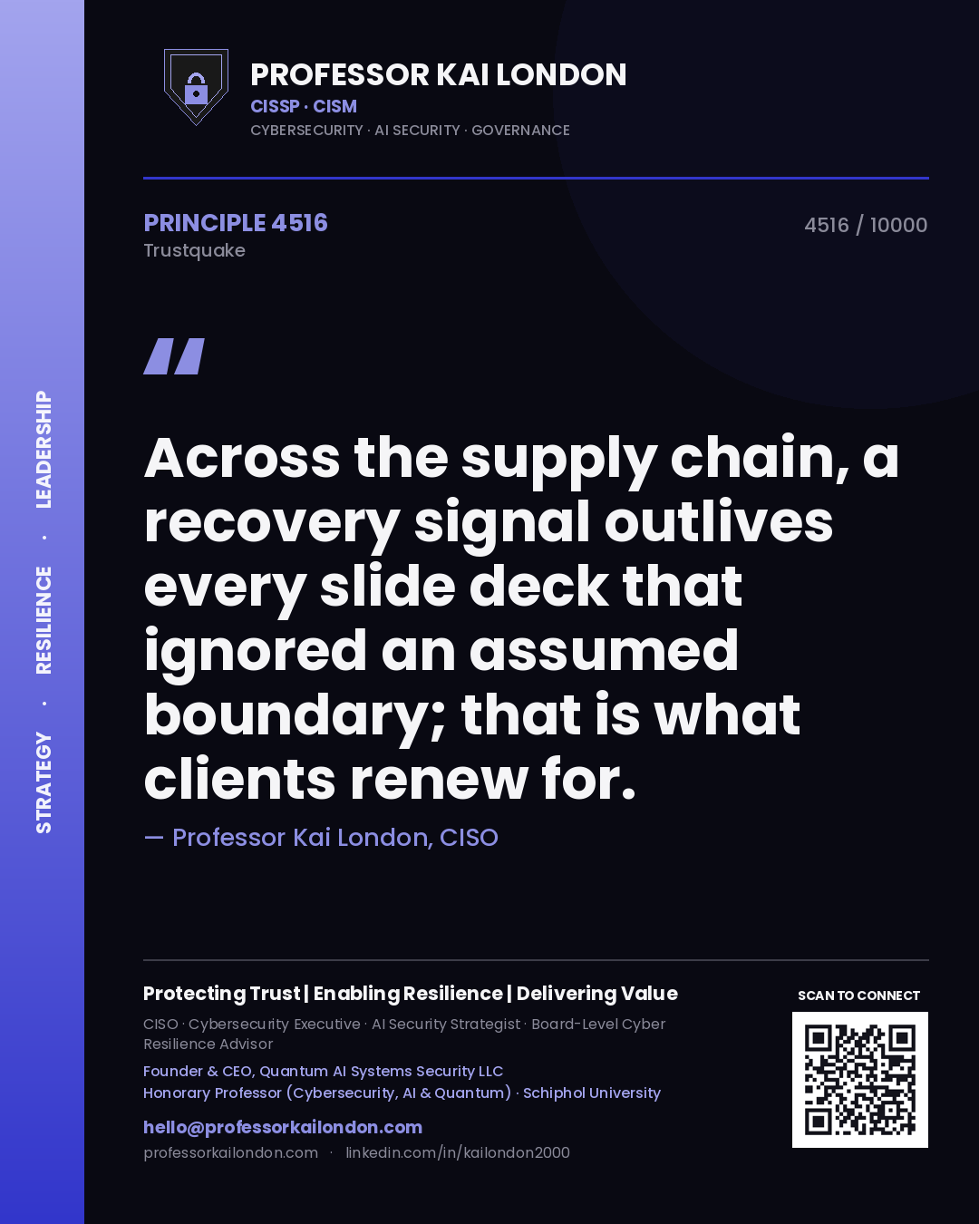 Quote card by Professor Kai London reading 'Across the supply chain, a recovery signal outlives every slide deck that ignored an assumed boundary; that is what clients renew for.'. From the book Trustquake.