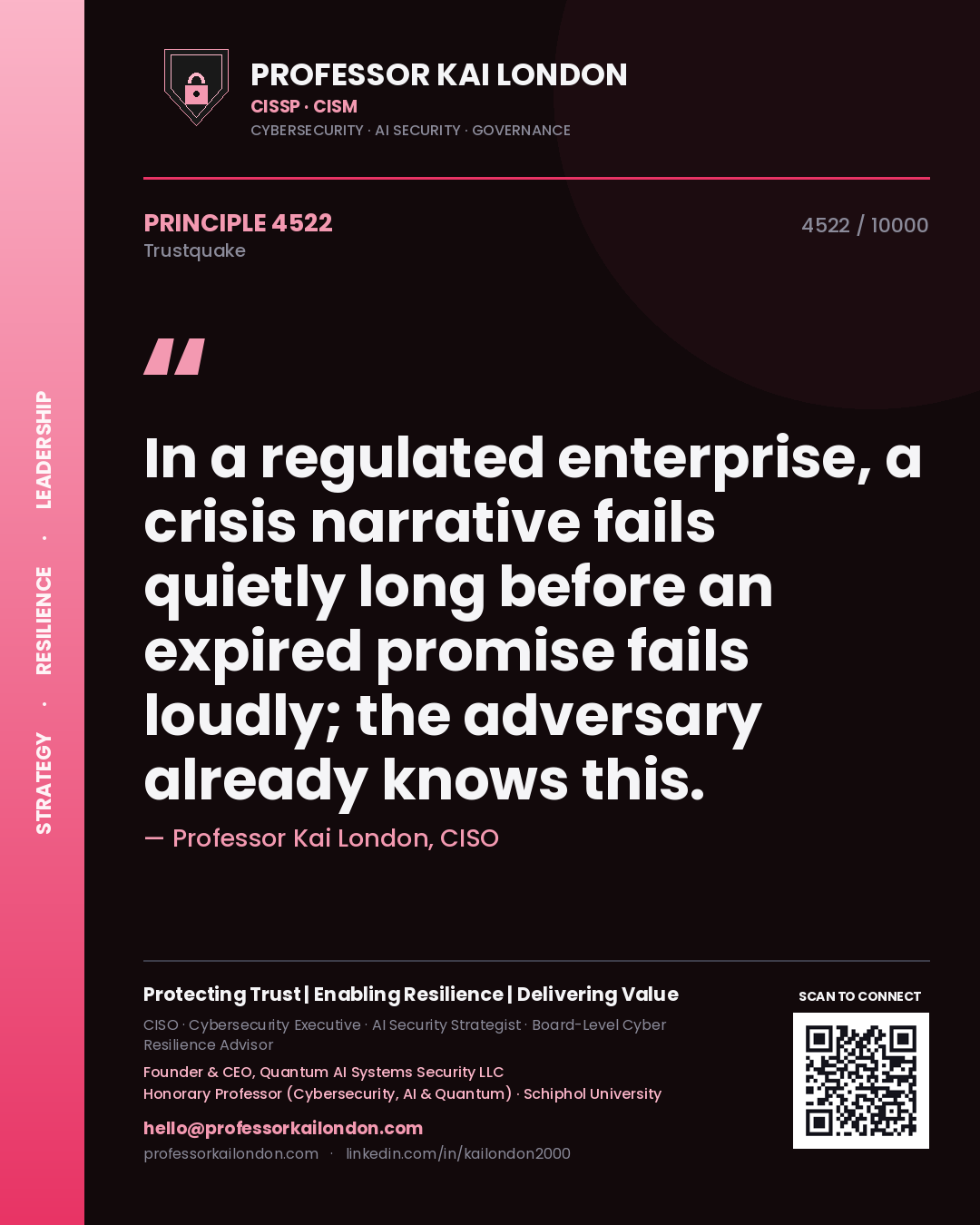 Quote card by Professor Kai London reading 'In a regulated enterprise, a crisis narrative fails quietly long before an expired promise fails loudly; the adversary already knows this.'. From the book Trustquake.