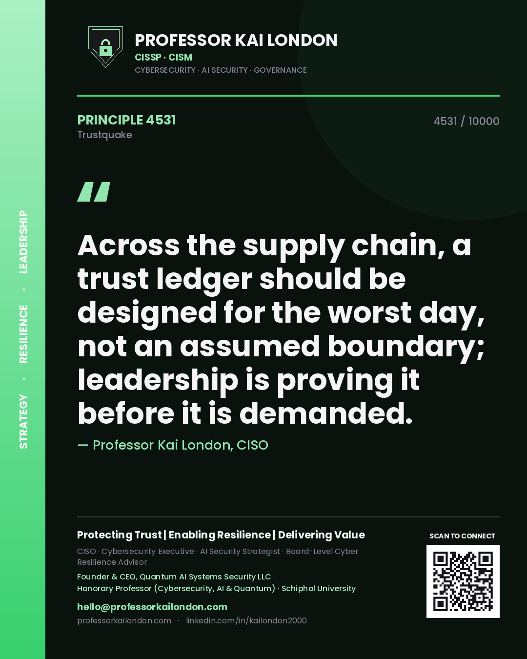 Quote card by Professor Kai London reading 'Across the supply chain, a trust ledger should be designed for the worst day, not an assumed boundary; leadership is proving it before it is demanded.'. From the book Trustquake.