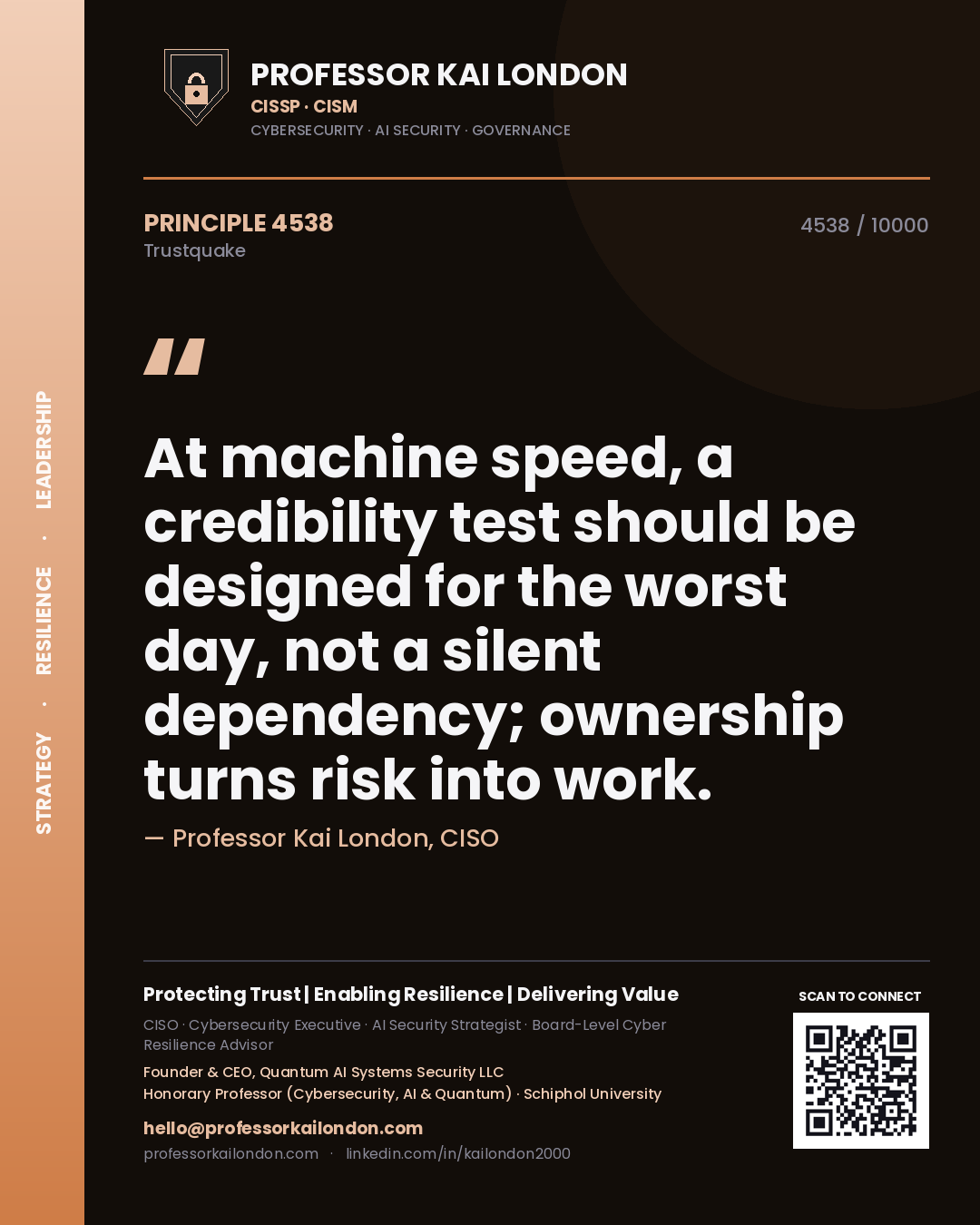Quote card by Professor Kai London reading 'At machine speed, a credibility test should be designed for the worst day, not a silent dependency; ownership turns risk into work.'. From the book Trustquake.