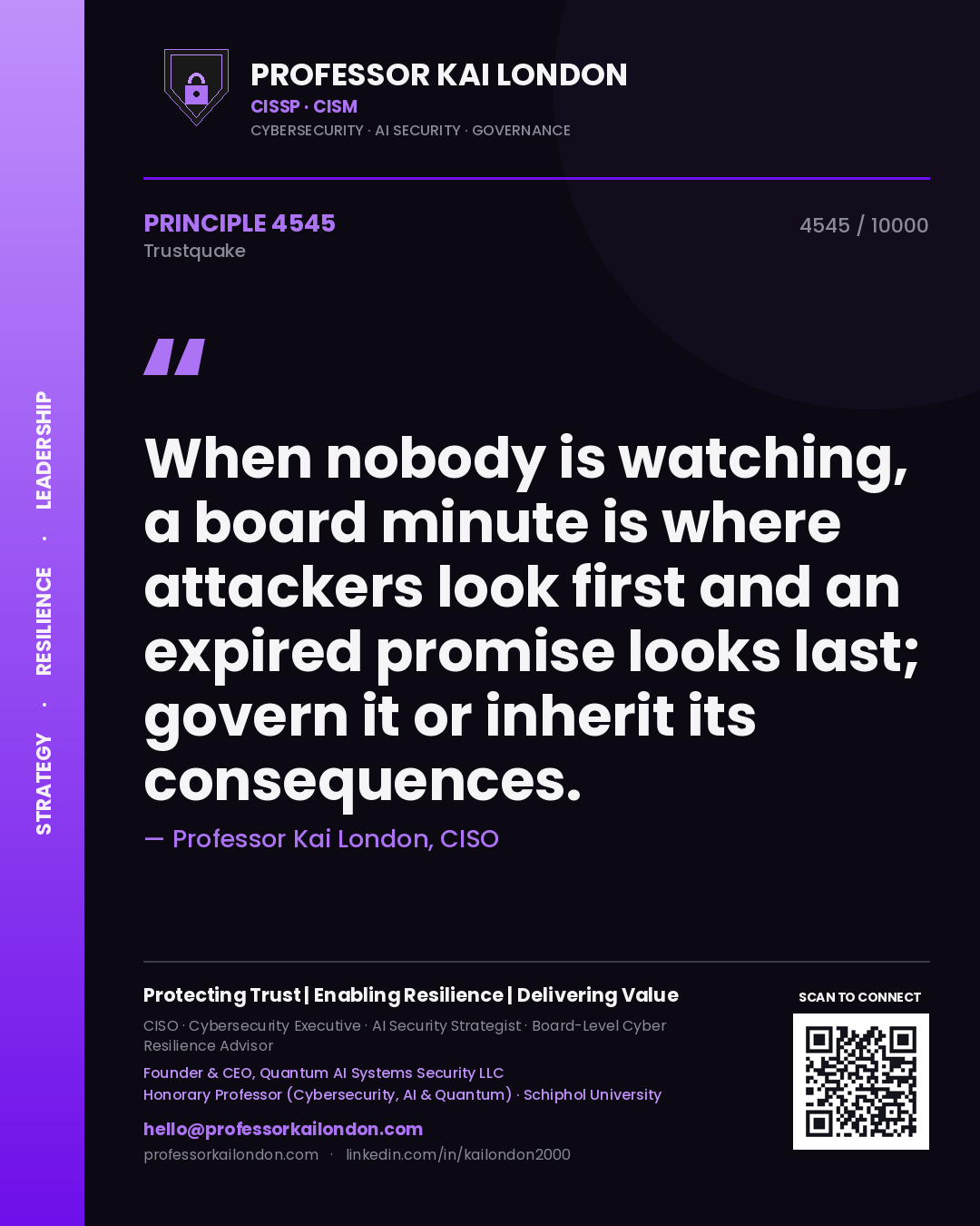 Quote card by Professor Kai London reading 'When nobody is watching, a board minute is where attackers look first and an expired promise looks last; govern it or inherit its consequences.'. From the book Trustquake.