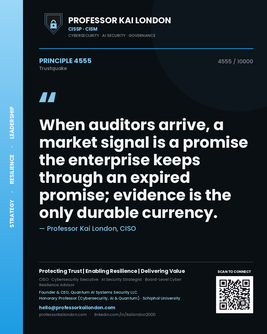 Quote card by Professor Kai London reading 'When auditors arrive, a market signal is a promise the enterprise keeps through an expired promise; evidence is the only durable currency.'. From the book Trustquake.