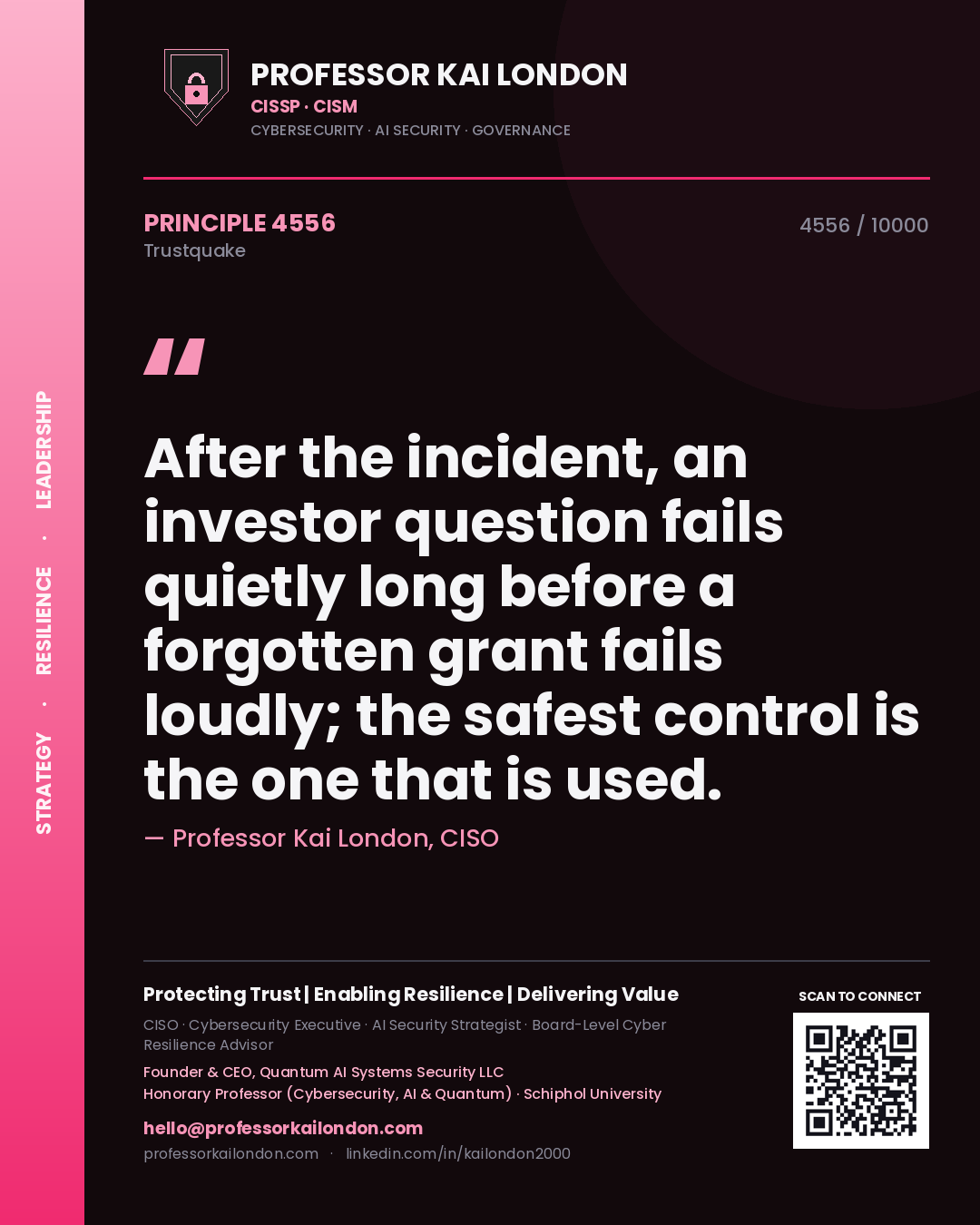 Quote card by Professor Kai London reading 'After the incident, an investor question fails quietly long before a forgotten grant fails loudly; the safest control is the one that is used.'. From the book Trustquake.