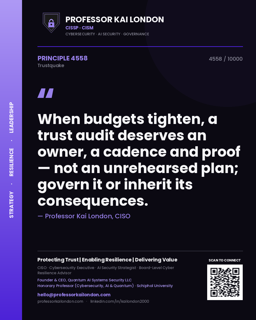 Professor Kai London principle 4558: When budgets tighten, a trust audit deserves an owner, a cadence and proof — not an unrehearsed plan; govern it or inherit its consequences.