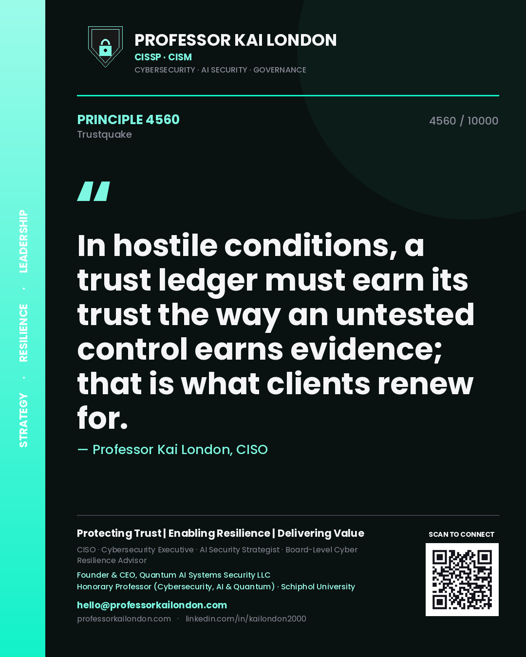 Quote card by Professor Kai London reading 'In hostile conditions, a trust ledger must earn its trust the way an untested control earns evidence; that is what clients renew for.'. From the book Trustquake.