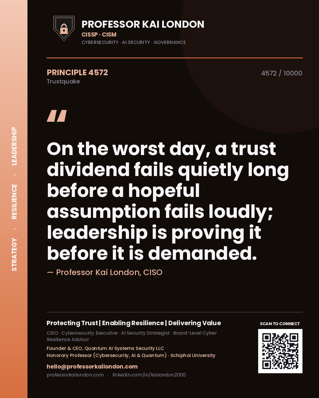 Professor Kai London principle 4572: On the worst day, a trust dividend fails quietly long before a hopeful assumption fails loudly; leadership is proving it before it is demanded.