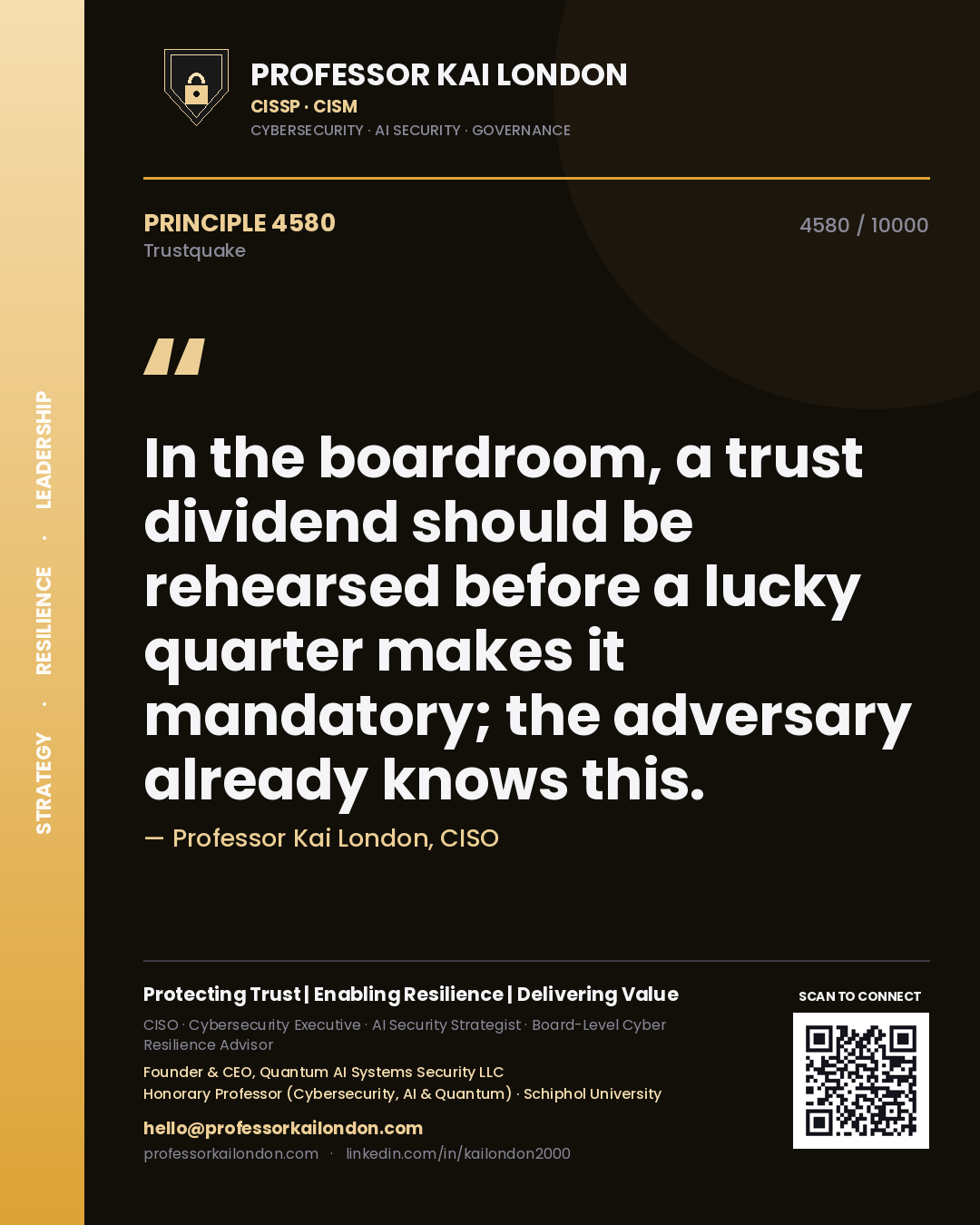 Professor Kai London principle 4580: In the boardroom, a trust dividend should be rehearsed before a lucky quarter makes it mandatory; the adversary already knows this.