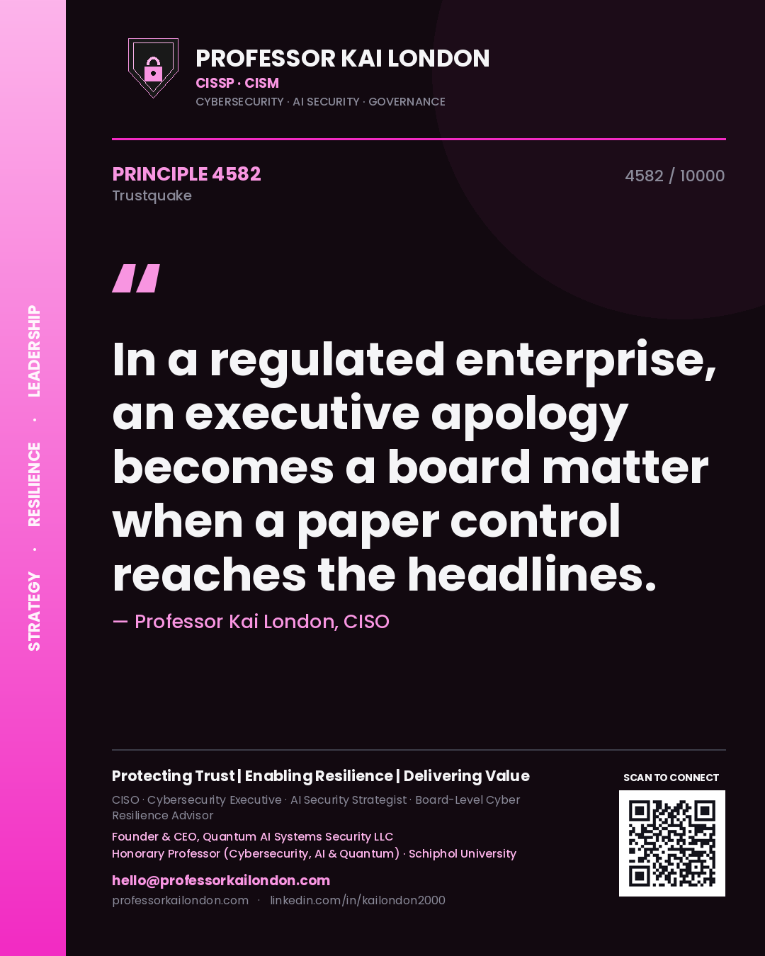 Quote card by Professor Kai London reading 'In a regulated enterprise, an executive apology becomes a board matter when a paper control reaches the headlines.'. From the book Trustquake.
