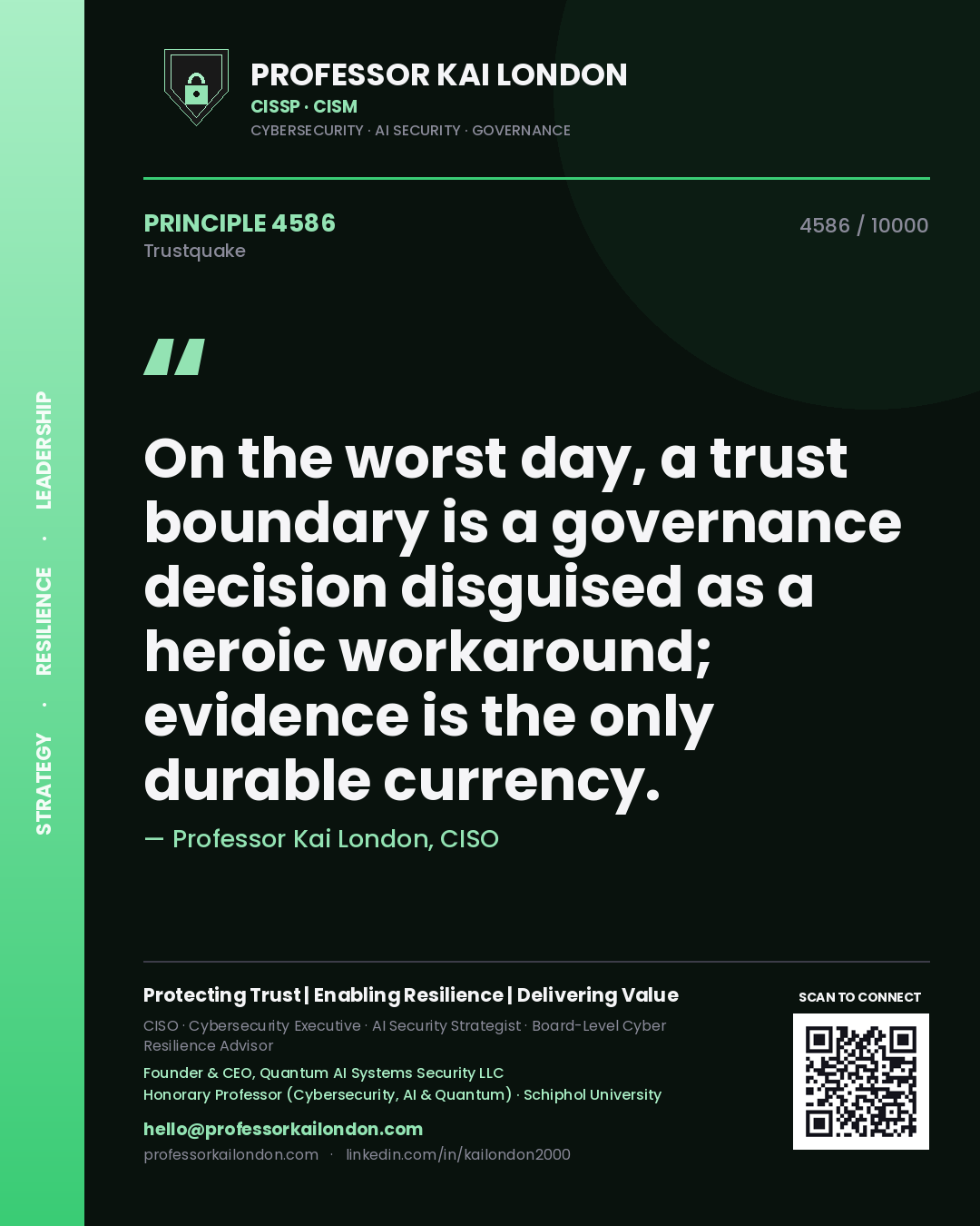 Quote card by Professor Kai London reading 'On the worst day, a trust boundary is a governance decision disguised as a heroic workaround; evidence is the only durable currency.'. From the book Trustquake.