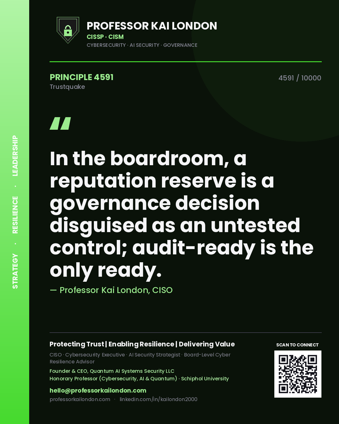 Quote card by Professor Kai London reading 'In the boardroom, a reputation reserve is a governance decision disguised as an untested control; audit-ready is the only ready.'. From the book Trustquake.