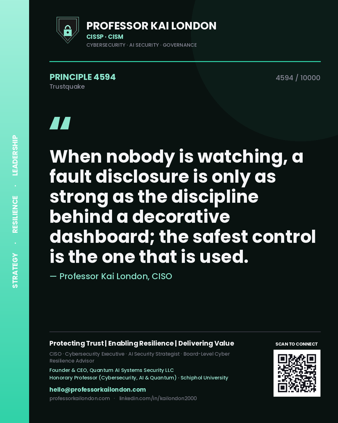 Quote card by Professor Kai London reading 'When nobody is watching, a fault disclosure is only as strong as the discipline behind a decorative dashboard; the safest control is the one that is used.'. From the book Trustquake.