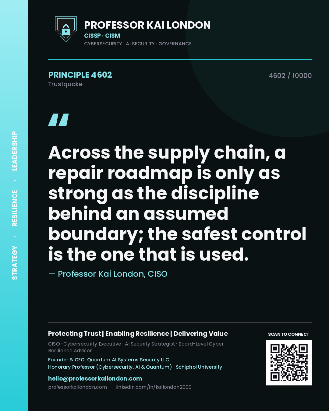 Quote card by Professor Kai London reading 'Across the supply chain, a repair roadmap is only as strong as the discipline behind an assumed boundary; the safest control is the one that is used.'. From the book Trustquake.