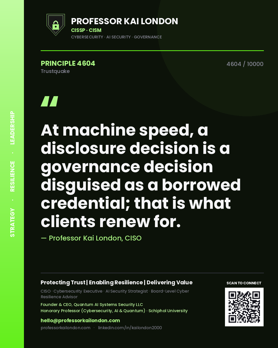 Quote card by Professor Kai London reading 'At machine speed, a disclosure decision is a governance decision disguised as a borrowed credential; that is what clients renew for.'. From the book Trustquake.