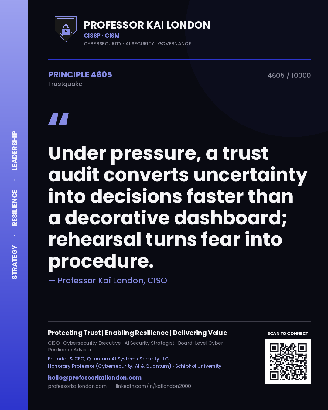 Professor Kai London principle 4605: Under pressure, a trust audit converts uncertainty into decisions faster than a decorative dashboard; rehearsal turns fear into procedure.