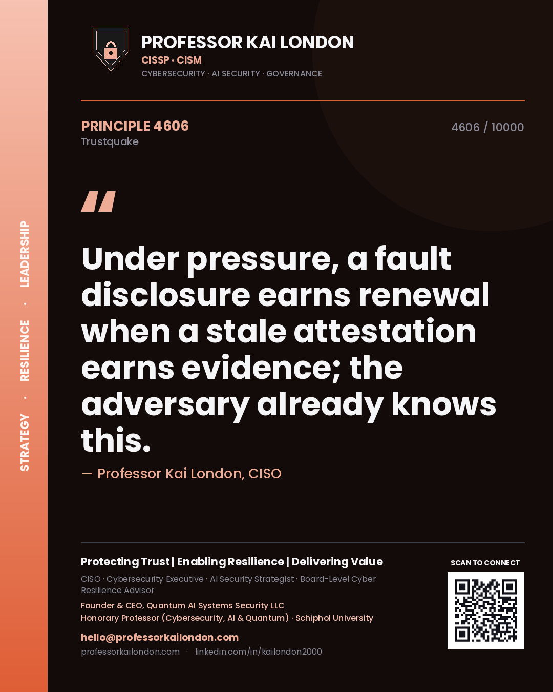 Quote card by Professor Kai London reading 'Under pressure, a fault disclosure earns renewal when a stale attestation earns evidence; the adversary already knows this.'. From the book Trustquake.
